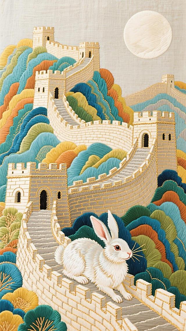 刺绣风融合工笔细腻，重拟物手法呈现长城与玉兔，色彩斑斓山峦叠嶂，月华如练，中式古典与梦幻唯美交织，尽显民族诗意。