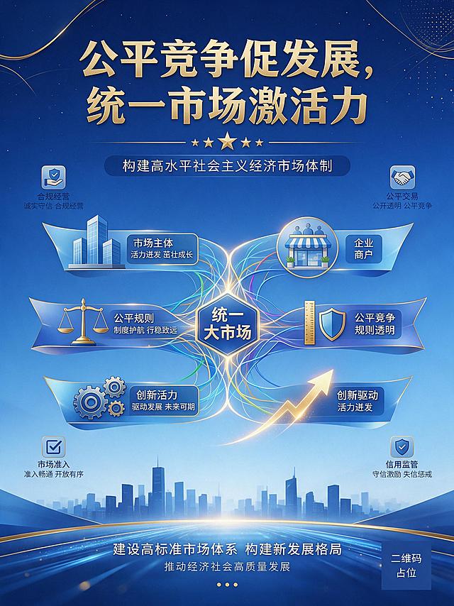 政务宣传主视觉海报，蓝金渐变大气商务风。上下层叠式构图，顶部为深蓝色横幅区域，主标题"公平竞争促发展，统一市场激活力"以大号金色字体居中呈现。中部为三层递进式视觉结构：第一层"市场主体"符号群（企业、商户简约图标），第二层"公平规则"抽象图形（天平、标尺、盾牌等符号），第三层"创新活力"光效图形（上升箭头、光芒、齿轮等），三层由金色光带自上而下串联。画面中央嵌入"统一大市场"抽象连通图形，流线型脉络线条交织。底部为城市经济圈剪影托底，深蓝色渐变天际线。角落点缀合规经营、公平交易的扁平化小图标。主色采用政务宣传标准深蓝+浅天蓝渐变背景，金色线条提亮各层级，层次分明，适合展板展示。版式精美，层级清晰，文字清晰可读。画面中所有数字必须精确渲染，不得错位、遗漏或编造。画面中所有信息区域必须填充完整合理的内容，不得出现空白框或待填写区域。画面中所有二维码区域使用纯色方块占位符呈现，方块中央标注"二维码占位"文字，严禁生成任何可识别的二维码图案。超高清画质，2K分辨率。