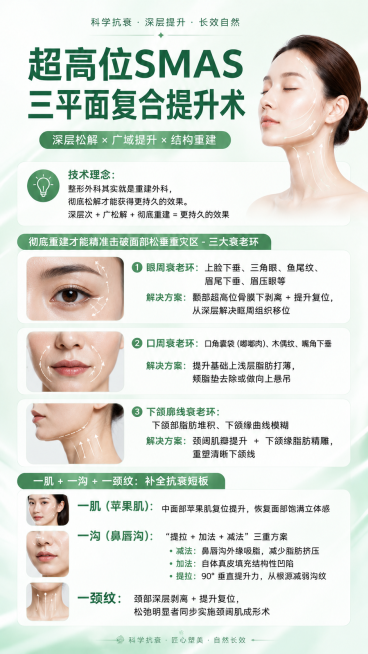 保留现有文案排版和浅绿色背景，将所有线描插图替换为真实的人物面部局部照片，在真实面部上添加浅淡的医美提升线条标注，整体风格保持简约高级的医美科普风，真实照片自然融入版面预览效果