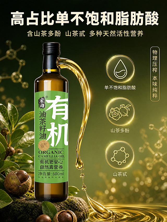 [主图-3] 有机油茶籽油 营养成分主图 展示高占比单不饱和脂肪酸及多种天然活性营养。
[统一基调] 整体风格为自然原生粮油食品风，背景主色为深森林绿渐变至浅橄榄绿，点缀暖金色光斑与油茶籽元素；标题字色为米白色粗黑体，副标题为浅金色，辅助小字为米白细黑体；强调色为暖金色；字体样式为现代无衬线粗体标题 + 细黑体正文；卡片与图标采用圆角浅金描边、半透明深绿底样式。
[画面] 产品瓶身位于画面中央偏左，占画面约45%，瓶身正面朝向观众；瓶身右侧有金黄色油体从瓶口缓缓倾倒出的动态效果，形成优美的油线，油滴晶莹剔透，展现油体通透质感；画面右侧与上方分布三个圆形营养成分图标——分别代表单不饱和脂肪酸、山茶多酚、山茶甙，图标采用简约线条风格，浅金色描边，半透明深绿填充；图标周围有细微发光效果，象征营养活性；背景为柔和的深绿色渐变，有轻微的分子结构纹理点缀；整体科学又自然。
[光影质感] 柔和影棚光结合自然暖光，主光从正面偏上打下，瓶身两侧有均匀高光；倾倒的油线有强烈的金黄光泽与通透感，油滴有高光亮点；商业摄影级质感，干净高级有科技感。
[配色] 主背景深绿渐变，标题米白，营养图标浅金与深绿搭配，油体金黄色，整体色调和谐统一。
[文字版式] 画面上方居中位置放置标题"高占比单不饱和脂肪酸"，大号粗黑体；标题下方小字"含山茶多酚 山茶甙 多种天然活性营养"，中号细黑体；三个营养图标下方分别标注对应名称，小号细黑体；右侧边缘竖向放置小标签"物理压榨 本味纯粹"；文字清晰不遮挡产品主体。
[输出要求] 比例3:4，文字清晰锐利无错字，产品清晰不变形，油体动态真实；禁止出现水印、平台Logo、医疗暗示、功效宣称、变形瓶身、错字漏字。