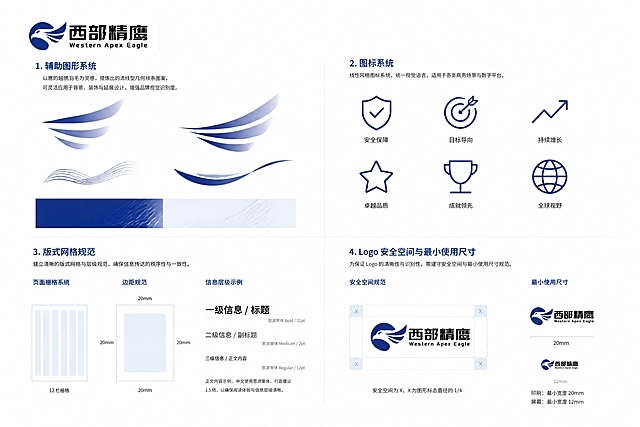 品牌VI辅助图形与元素规范手册页面，简洁大气商务风格，白色背景。画面左上角保留用户提供的原始小Logo（深蓝色圆形鹰头图形标，完全不变）。主体内容分为四个区域：1）辅助图形系统——从鹰翅膀羽毛抽象出的流线型几何线条图案，深蓝色渐变，可作为背景纹理和装饰元素，展示多种排列方式；2）图标系统——一套线性风格商务图标（盾牌、目标、箭头、星星、奖杯、地球），统一深蓝色调；3）版式网格规范——展示页面栅格系统、边距规范、信息层级示例；4）Logo安全空间与最小使用尺寸示意。整体专业VI设计手册版式，网格布局，精致排版，高清矢量质感