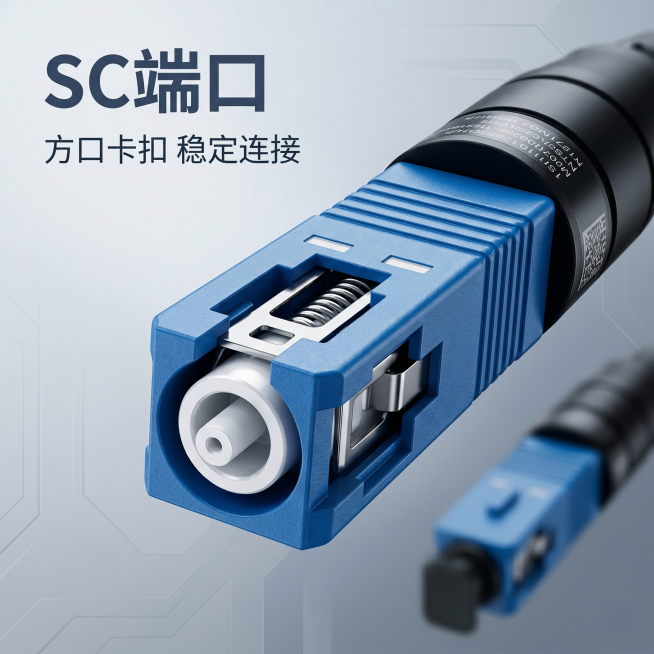 [主图-3] SC端口细节微距特写
[氛围风格] 科技精致质感，延续整体冷调专业风格统一
[画质] 微距高清摄影质感，8K超高清，纹理细节清晰锐利
[元素] 对光纤线缆的SC端口进行微距特写，清晰展示预览效果