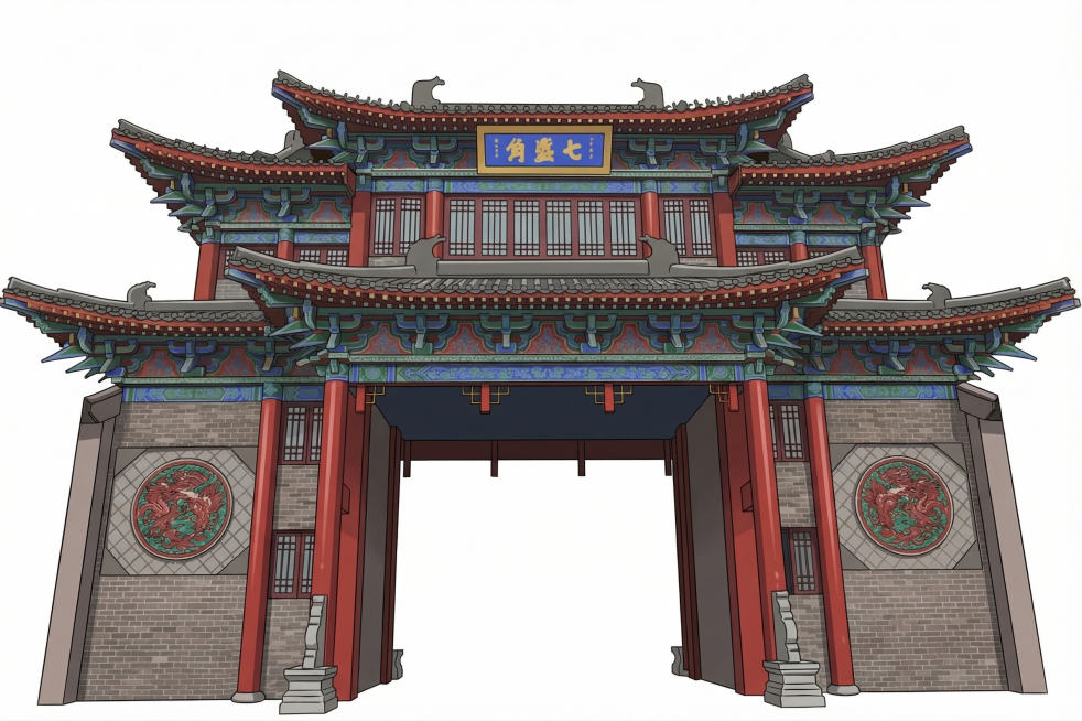 将图片转为动漫风格，保留牌坊主体部分，背景修改为纯白色空白背景，移除牌坊后方和两侧多余的景物，仅保留牌坊主体。预览效果