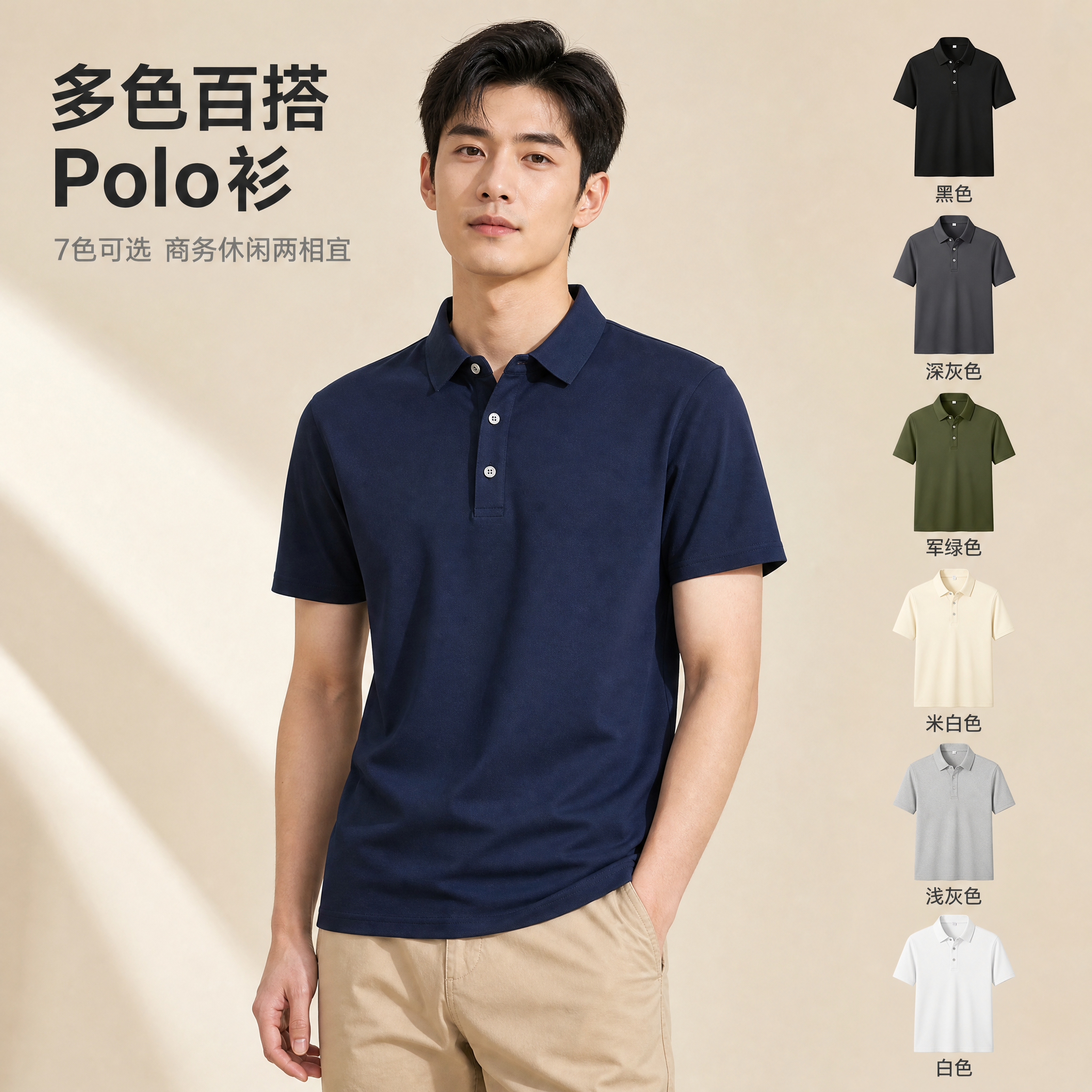 [主图-1] 男士Polo衫正面模特穿搭展示，突出版型与多色可… - 图片创意预览