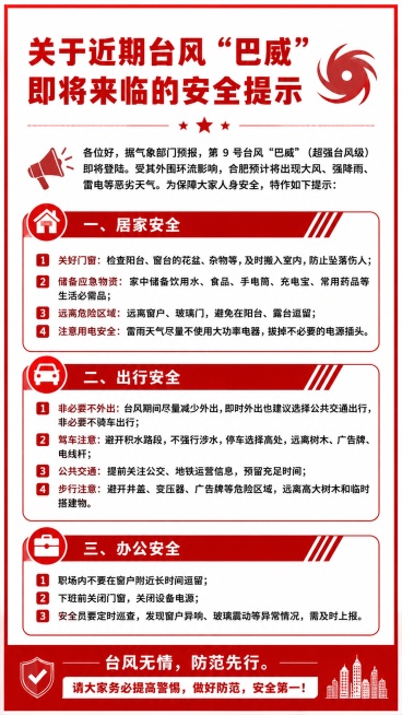 台风巴威安全提示通知公告海报，风格为正式通知公告，简洁清晰，红白配色，最上方留出1厘米留白。海报完整包含以下全部文案，不省略不新增：
关于近期台风 “巴威” 即将来临的安全提示
各位好，据气象部门预报预览效果