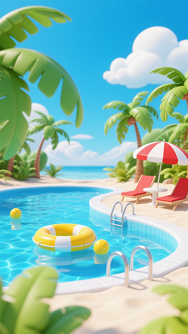 明亮欢快的水上乐园3D插画，清澈碧蓝的泳池占据画面中心，池水波光粼粼有透明质感，水面漂浮着一个巨大的黄色救生圈和两个小黄球，泳池边缘有银色金属扶手梯。池边是白色沙滩，摆放着两把红色躺椅和一个白色小桌，右侧有一把红白条纹遮阳伞。前景和背景点缀着多棵翠绿的棕榈树叶片，天空是纯净的蓝色，飘着几朵蓬松的白云，整体色调明快，光影柔和，营造出轻松愉悦的夏日度假氛围，具有鲜明的卡通风格和立体感。