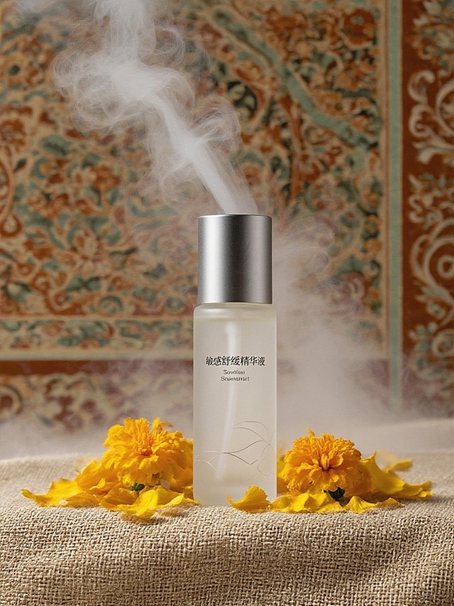 抠出主体，保留主体形状和颜色。亚麻布，散落金盏花花瓣、烟雾。背景是敦煌纹样壁画。复古色调。