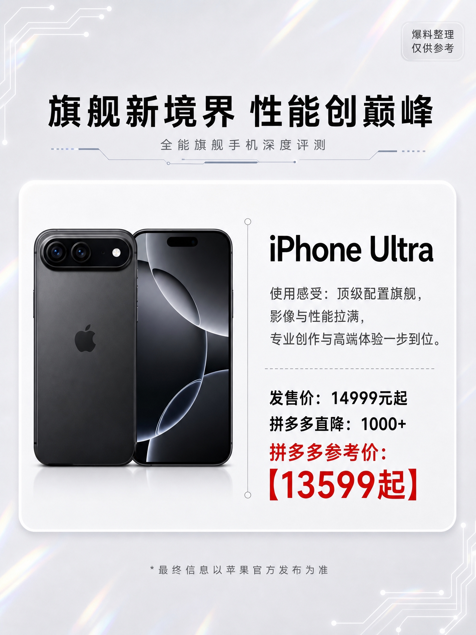 科技感手机测评海报，3:4竖版，黑白浅色高级简约配色，背景为浅… - 图片创意预览