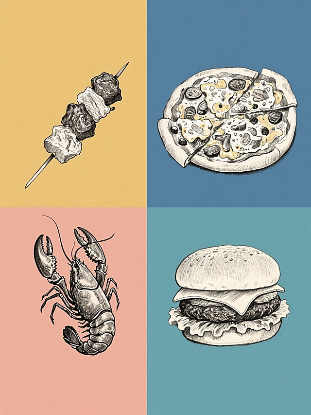 一组四张手绘素描风格食物插画，每张均为纯色背景，整体色彩变换丰富。第一张是烤串，肉质饱满，纹理清晰，签子细长；第二张是披萨，饼底厚实，上面铺满芝士和各种配料，边缘微微卷起；第三张是小龙虾，外壳坚硬，虾钳突出，姿态生动；第四张是汉堡，面包松软，夹着肉饼、生菜和芝士，层次分明。四张插画规整排布，保持统一的手绘素描笔触和风格，无文字信息。