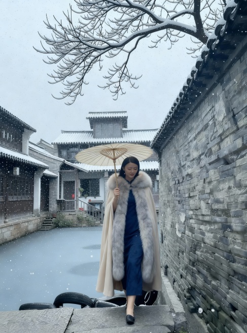 给女主加一件浅色系的毛领款式斗篷预览效果