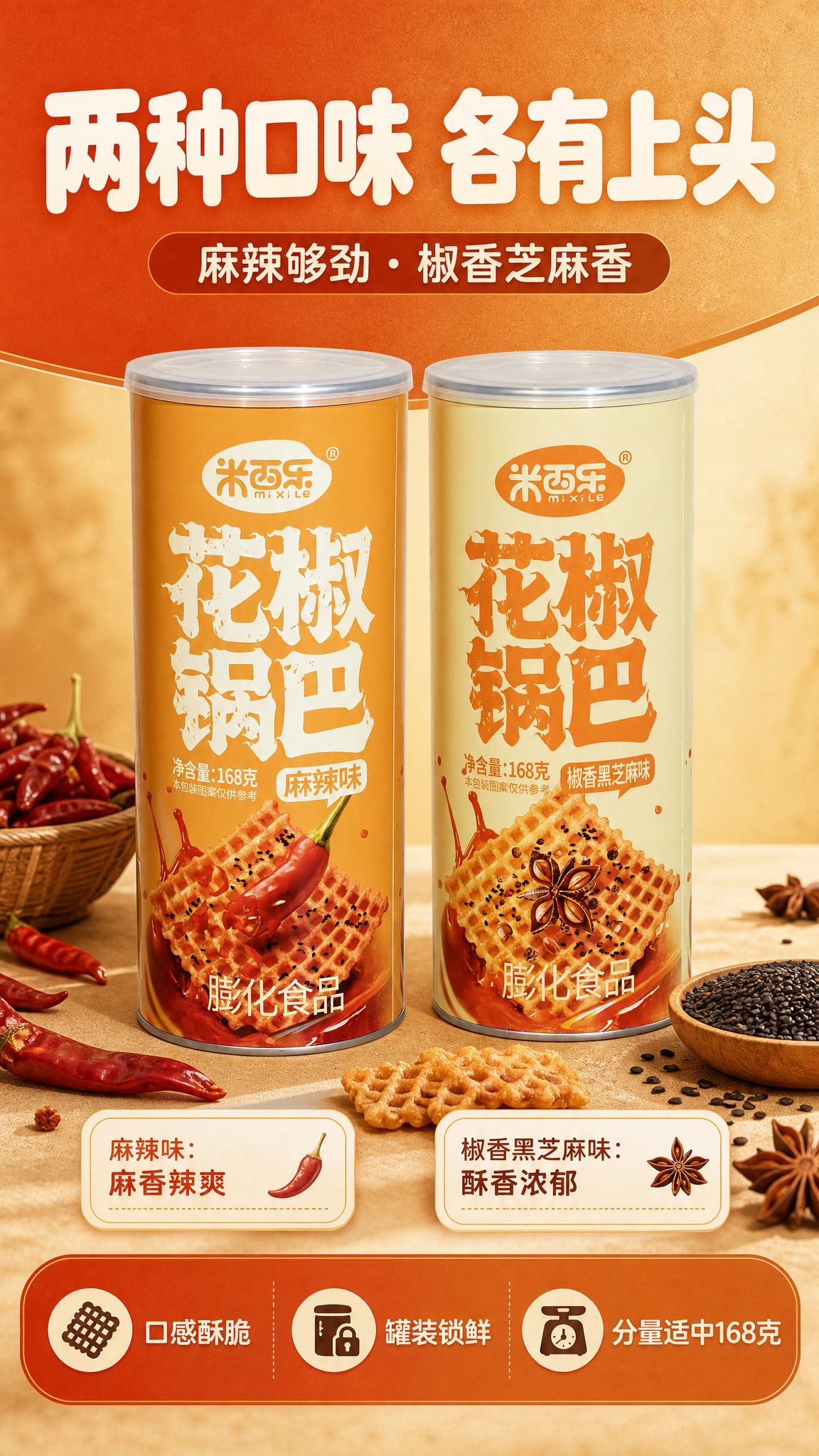 [商品] 使用【图1】米西乐花椒锅巴麻辣味罐装 与【图2】米西… - 图片创意预览