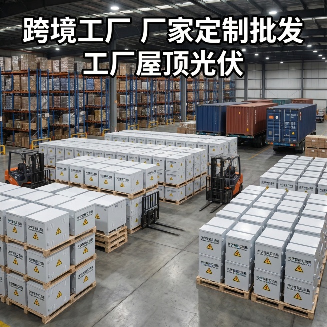 将背景替换为大型跨境物流仓库，展示堆叠成垛的光伏汇流箱备货场景，添加文字"跨境工厂 厂家定制批发 工厂屋顶光伏"预览效果