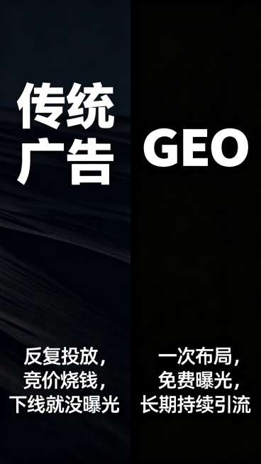 对比风海报，左右分栏，左边标题"传统广告"配文字"反复投放，竞价烧钱，下线就没曝光",右边标题"GEO"配文字"一次布局，免费曝光，长期持续引流",深色背景白色文字，对比清晰，视觉冲击力强预览效果