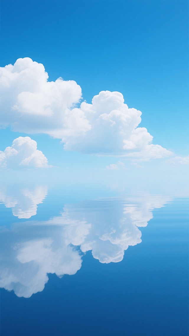 纯净的蓝色场景，清澈的蓝天占据画面上半部分，由上至下呈现从深邃湛蓝到轻盈浅蓝的自然渐变，几朵形态饱满、边缘柔和的白色积云散布在天空下半部，云层立体感十足且带有细腻的光影层次。画面下半部分是完美的水面倒影，将天空与云朵完整对称地映照出来，水面如镜面般平静光滑，倒映的云朵边缘略微软化，呈现出天空与水面无缝衔接的对称构图。整体风格干净简约，色彩明快通透，光影自然柔和，符合现实逻辑，适合作为背景素材使用，无任何文字、LOGO或多余元素干扰。
