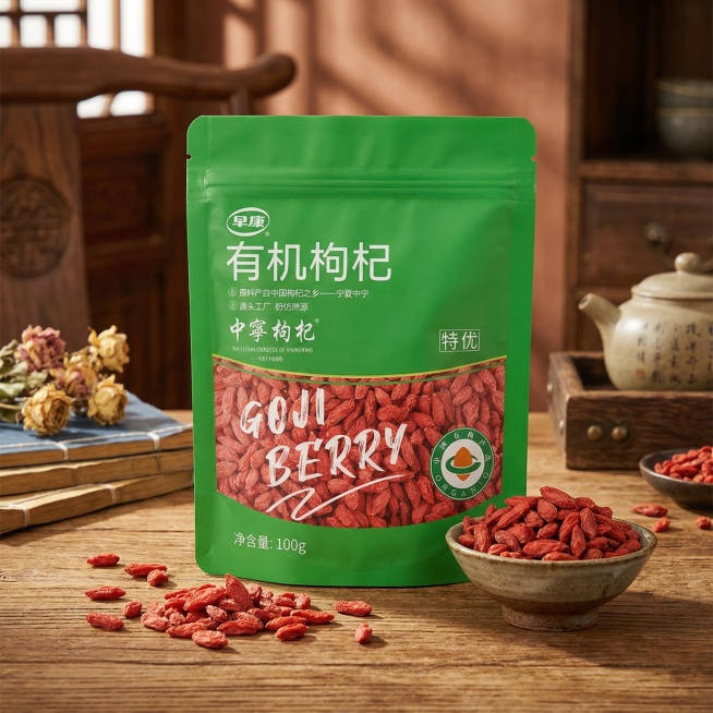 将这款早康有机枸杞包装放置在带有木质纹理的桌面上，背景布置成温馨的中式风格，搭配少量散落的枸杞和古朴的瓷碗，画面清晰明亮，突出产品高品质感，吸引消费者点击，提升转化率预览效果
