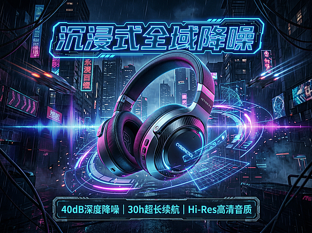 高端降噪耳机海报，赛博朋克酷炫风格，主色调为暗黑色搭配荧光蓝。画面中心是高清无线头戴式耳机特写，金属质感机身细节清晰，周围环绕霓虹光效和声波动态特效，上方是潮流酷炫字体标题"沉浸式全域降噪"，下方标注产品参数："40dB深度降噪 30h超长续航 Hi-Res高清音质"，整体视觉冲击力强，凸显耳机科技感。