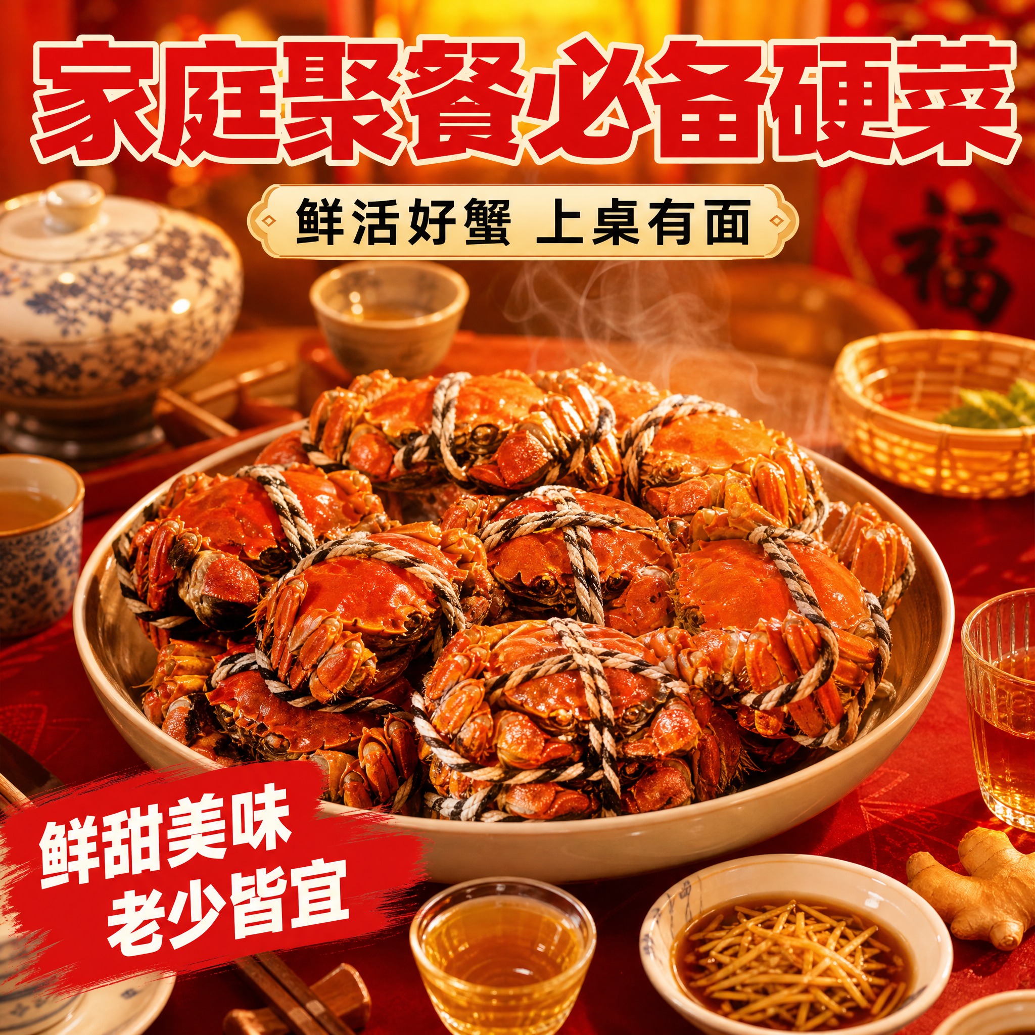 [主图-5] 大闸蟹家宴餐桌场景图 突出聚餐食用 拼多多爆款风… - 图片创意预览