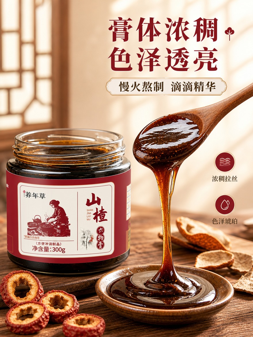 [商品] 使用【图1】养年草山楂六物膏玻璃瓶产品；保留黑色瓶盖… - 图片创意预览