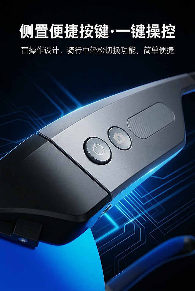 商业大片级排版，2:3竖屏，主视觉为VELON智能骑行AR眼镜的侧置按键特写，严格还原按键位置、大小、金属哑光材质，展示按压反馈感，清晰可见按键标识，背景为科技感黑色渐变，点缀亮蓝色光影，文字信息位于画面上方，主标题为无衬线粗体白色字体，内容为“侧置便捷按键·一键操控”，副标题为无衬线细体白色字体，内容为“盲操作设计，骑行中轻松切换功能，简单便捷”，排版上轻下重，突出按键的便捷性，细节清晰，科技感强，中文文字统一为无衬线字体，卖点可视化，风格与之前品牌视觉统一。负面提示：按键细节模糊，材质质感不符，光影杂乱，文字排版拥挤，颜色偏差，按键标识错误，画面无科技感，割裂感强，字体不统一