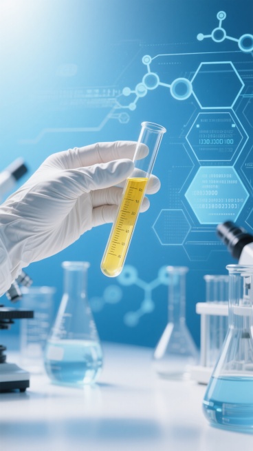 医疗科技感背景，蓝色与白色为主色调，柔和明亮的光线从上方照射，营造出洁净、专业且充满希望的氛围，画面中可见戴着白色乳胶手套的手正拿着装有黄色透明液体的玻璃试管，试管内液体有清晰的刻度，背景中隐约可见多个不同形态的玻璃器皿和实验设备，叠加着由六边形、线条、数据代码和分子结构组成的半透明科技感图形元素，整体呈现出高精度的3D渲染质感，光影过渡自然，细节丰富，构图以手部和试管为视觉焦点，背景元素层次……预览效果