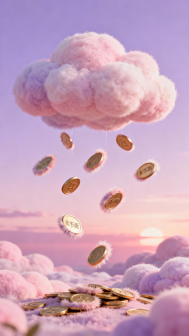 梦幻粉紫云朵飘浮，毛茸金币如雨落下，软3D风营造甜蜜柔和氛围，虚拟自然中透出节日喜庆感。