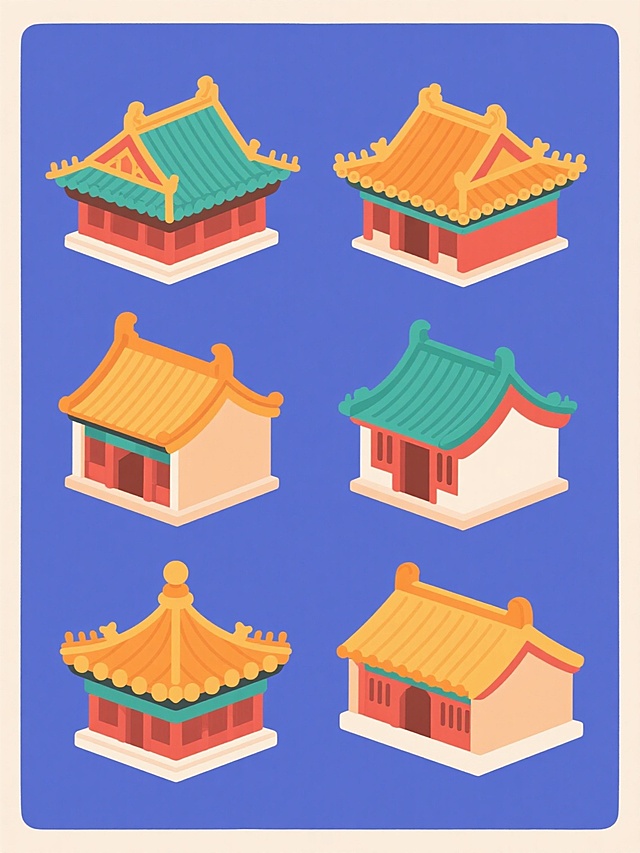 一套6个中国传统建筑屋顶的系列插画，保持原有的扁平化卡通风格，规整地排布在纯色背景上。每个屋顶造型完全不同，分别展现庑殿顶、歇山顶、悬山顶、硬山顶、攒尖顶和卷棚顶的典型特征，包括正脊、垂脊、戗脊、瓦当和屋檐的细节。每个屋顶采用完全不同的色彩组合，但保持色彩明快、对比鲜明的整体色调，线条平滑简洁，无内部文字和二维码。