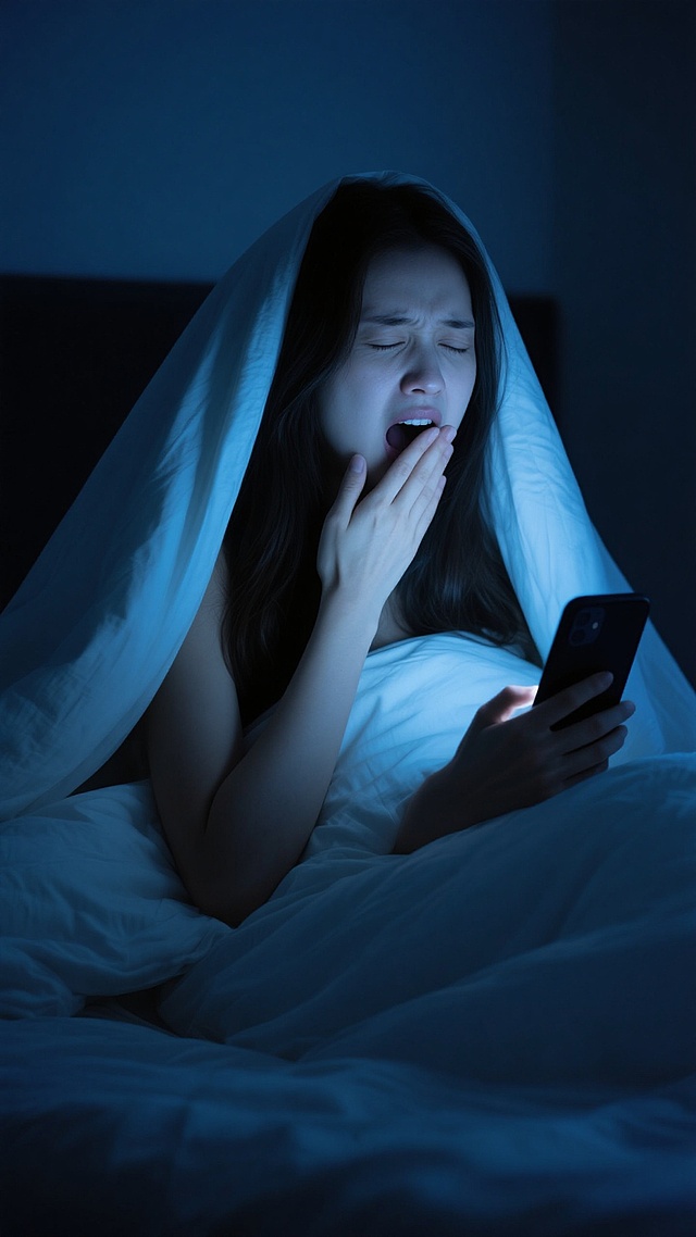 夜晚卧室场景，一位长发女性躲在白色被子里，头部被被子罩住只露出脸部和部分肩膀，她正用右手捂住嘴巴打哈欠，眼睛微闭，眉头微皱，脸上带着明显的困倦表情，左手拿着一部黑色智能手机，手机屏幕发出微弱的蓝光照亮她的面部，背景是昏暗的房间，整体光线昏暗，以深蓝色和黑色为基调，营造出熬夜后的疲惫、困倦又略带私密的氛围，写实风格，光影对比强烈，面部表情细节丰富，被子的质感柔软，突出熬夜看手机导致的困倦状态。