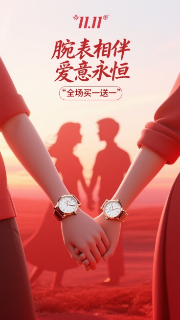 背景是柔和温暖的朱砂红色，如同晚霞。画面采用极简的剪影手法，聚焦于一对情侣的手腕特写，他们正在深情牵手，手腕上佩戴着同系列的对表。手表是画面中唯一有细节和光泽的实体，重点突出。
上面放着小一点的“11预览效果