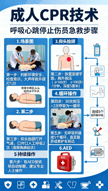 设计一张急救知识科普海报，图文并茂，展示成人CPR技术步骤，包含完整文字内容：
一、成人CPR技術
当碰到呼吸心跳停止的伤员，可行CPR技术
1、在这之前先判断现场环境是否安全，检查患者的意识，大声呼预览效果