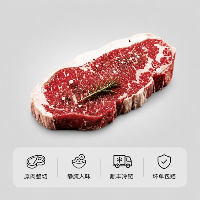 [主图-5] 西冷牛排服务承诺转化展示。氛围风格：简洁清晰，打消购买顾虑。画质：清晰干净商业品质。元素：整块撒粉静腌西冷牛排居中展示，保持产品外形纹理颜色与原图一致，主体占比约60%，背景简洁浅灰色。预览效果