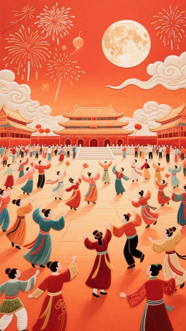 红橙色背景中有烟火、圆月、云彩，下方有人民身着节日盛装，聚集在广场上载歌载舞，庆祝节日预览效果
