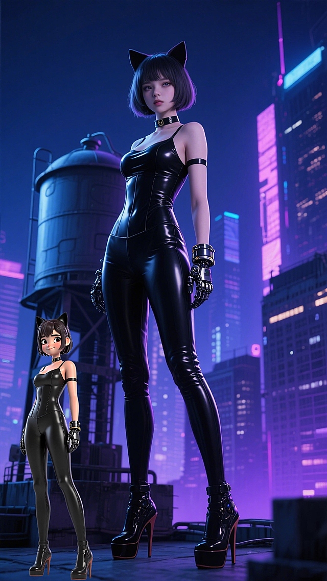 赛博朋克风3D角色，未来感金属质感，霓虹灯映衬下的科技夜景。