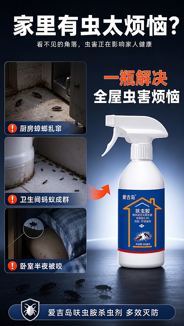 [商品] 使用【图11】爱吉岛呋虫胺杀虫喷雾；保留白色瓶身、蓝色标签、白色喷头、房屋图案、蟑螂图案、品牌名爱吉岛、呋虫胺0.5%等全部原貌；产品作为解决方案出现在画面右侧，清晰完整。
[画面] 目标：痛点场景页，唤起家居虫害困扰的共鸣。构图：左痛点场景+右产品解决方案。主体位置：右侧产品占约40%。景别：中景+场景拼贴。阅读动线：从左到右，先看痛点再看解决方案。前中后景：前景害虫剪影元素，中景家居场景+产品，后景暗调氛围。场景：厨房角落、卫生间缝隙、橱柜内部三个痛点小场景拼贴，暗调突出问题感。
[视觉] 套系策略：风格=国内电商功能解决型商业摄影+3D合成；标题字=粗黑体大字；正文字=清晰无衬线黑体；主色=深蓝；背景延展=基于深蓝做暗蓝灰渐变，痛点区偏暗、产品区偏亮形成对比；强调色=橙红色，仅用于痛点感叹号和产品高光；标题色=白色/橙红；正文色=浅灰/白色；组件=痛点标签、箭头引导、问题图标；光影=产品区打亮，痛点区弱光，形成明暗对比。
[文字] 顶部大标题："家里有虫太烦恼？"。左侧三个痛点小图各配文字：厨房蟑螂乱窜、卫生间蚂蚁成群、卧室半夜被咬。右侧产品旁配文案："一瓶解决 全屋虫害烦恼"。底部小字："爱吉岛呋虫胺杀虫剂 多效灭防"。
[规格] 图片比例9:16竖版，4K分辨率，负向提示：避免变形、错字、文字过小、产品颜色改变、过度恶心害虫特写、极限词。