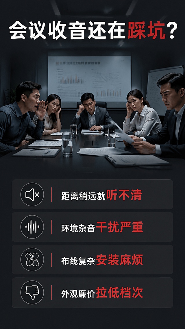 [第2屏] 痛点直击-传统会议收音常见问题。本屏无需产品图，为纯痛点场景说明屏。
[氛围/风格] 商务办公场景，真实困扰氛围，偏暗调压抑感，写实摄影风格。
[元素布局] 画面上半部分为会议室场景，多人围坐会议桌，有人凑近说话、有人侧耳倾听、有人皱眉困惑的状态；下半部分为痛点文案区；背景有模糊的投影屏幕、文件、水杯等办公元素；整体氛围体现传统收音设备的不便。
[光影质感] 顶部冷白光照明，整体偏暗，阴影较重，营造困扰感，人物面部有自然光影。
[配色色系] 全局底色 #2C2F36 深灰；主色深灰冷调；辅助色暗红警示色、白色文字。
[视角构图] 平视视角，上场景下文案，阅读动线从上到下。
[文字版式] 版式为上半部分场景图 + 下半部分痛点列表。顶部大标题「会议收音还在踩坑？」，下方4个痛点条目，每条配小图标：1.「距离稍远就听不清」2.「环境杂音干扰严重」3.「布线复杂安装麻烦」4.「外观廉价拉低档次」；痛点文字用白色，关键词用红色高亮；清晰易读。
[比例分辨率] 9:16 竖版比例，4K分辨率，文字清晰可辨，高清画质。
[负向提示词] 产品出现，水印，文字错乱，文字过小，人物变形，场景杂乱。