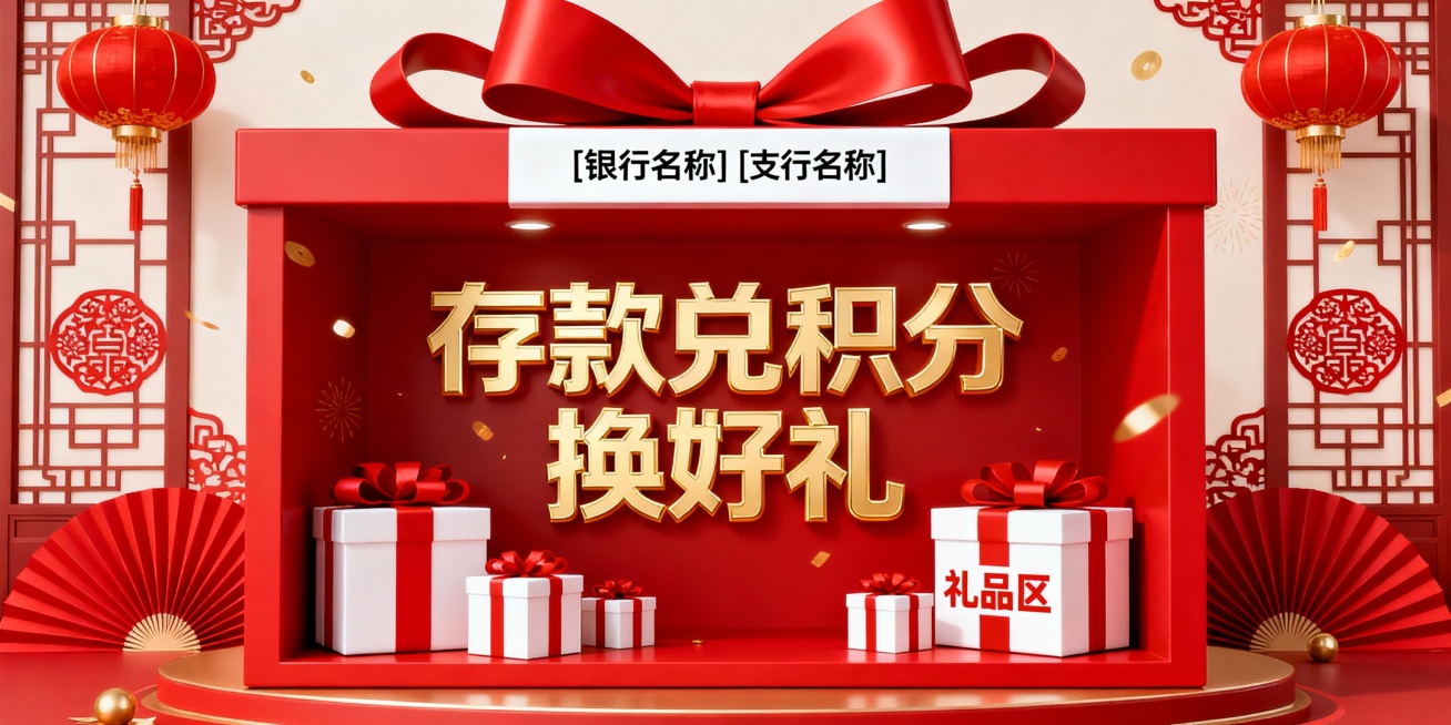 中式喜庆红色银行促销宣传海报，主体为红色礼盒造型的展示框架，顶部装饰巨型红色丝带蝴蝶结；框架上方设白色横幅，印有“[银行名称] [支行名称]”（例如“湖北应城农村商业银行 城中支行”）；框架内用金色立预览效果