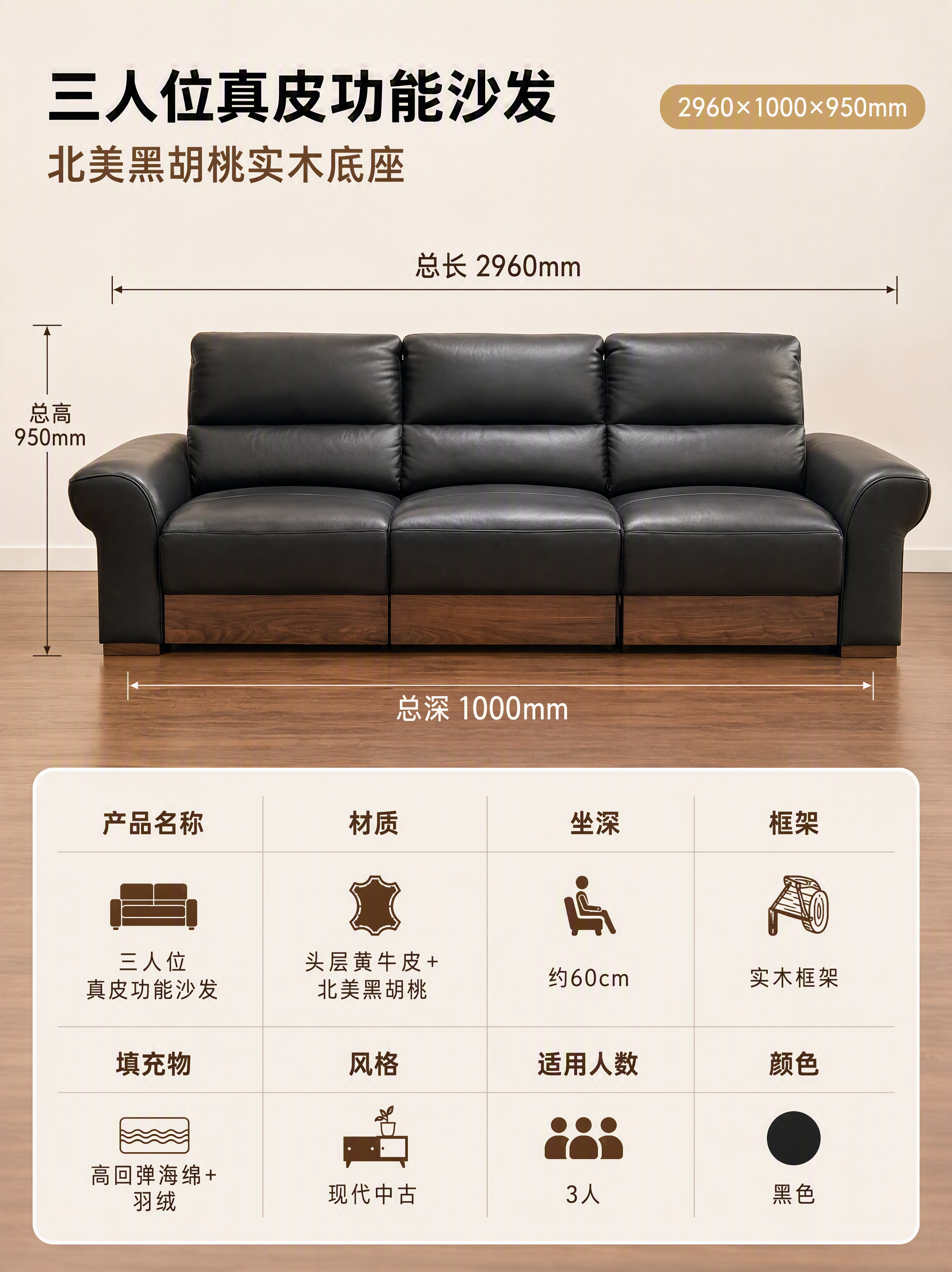 [第8张] 规格参数与尺寸-北美黑胡桃真皮沙发详细尺寸标注与规… - 图片创意预览