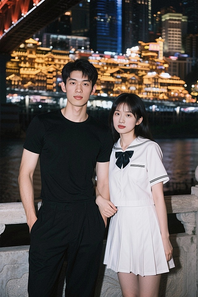 男生在左，女生在右，背景是洪崖洞夜景，男生穿修身纯色黑色T恤和黑色长裤，女生穿白色学院风jk套装，依偎着看镜头