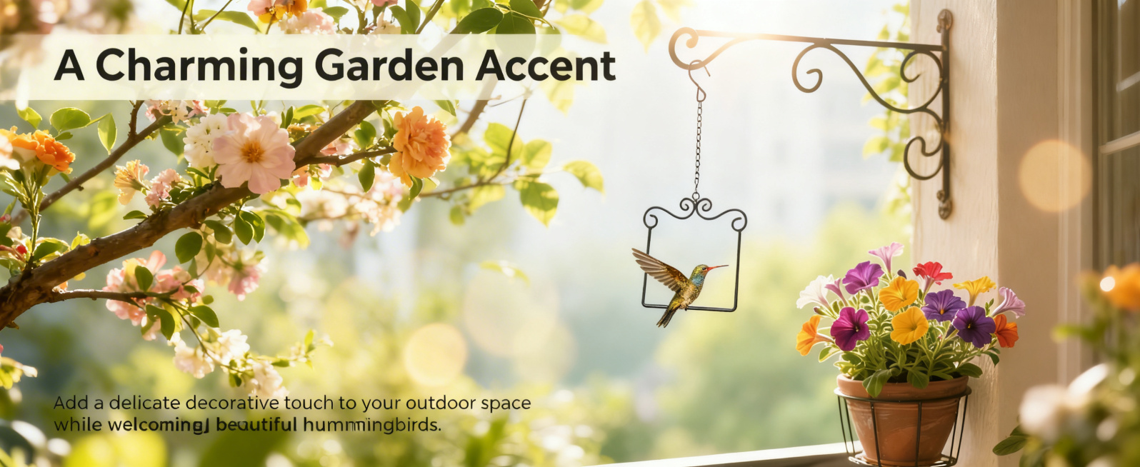 亚马逊A+花园装饰属性图，尺寸1464x600，艺术感花园构图，黑色金属蜂鸟栖木悬挂在开满鲜花的树枝旁，周围环绕着盛放的花卉和柔和的阳光光斑，背景是虚化的花园景色，上方主标题文字"A Charming预览效果