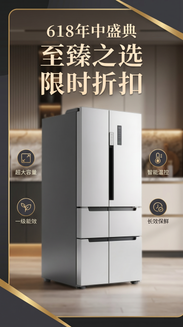 618商业营销海报，包含这款冰箱商品精简的信息图元素，高质感配色，f/2.8柔和景深照片写实质感，无畸变预览效果