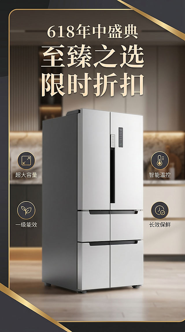 618商业营销海报，包含这款冰箱商品精简的信息图元素，高质感配色，f/2.8柔和景深照片写实质感，无畸变