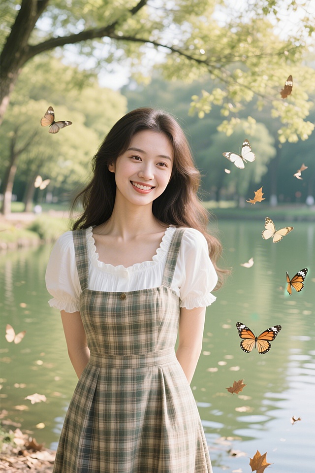 清新自然的湖畔场景，少女身着格纹背带裙，蝴蝶翩跹环绕，融合实景与插画风，水彩般的柔和色调营造出梦幻甜美的文艺氛围。