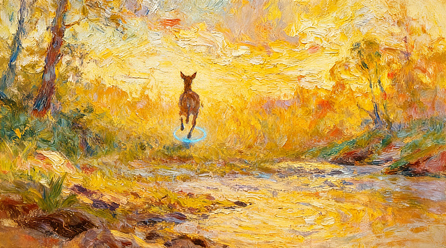 保留原画面风格与背景，删除喝水的小鹿，在远处空中添加一个渺小的、脚下带有蓝色光圈的奔跑小鹿背影