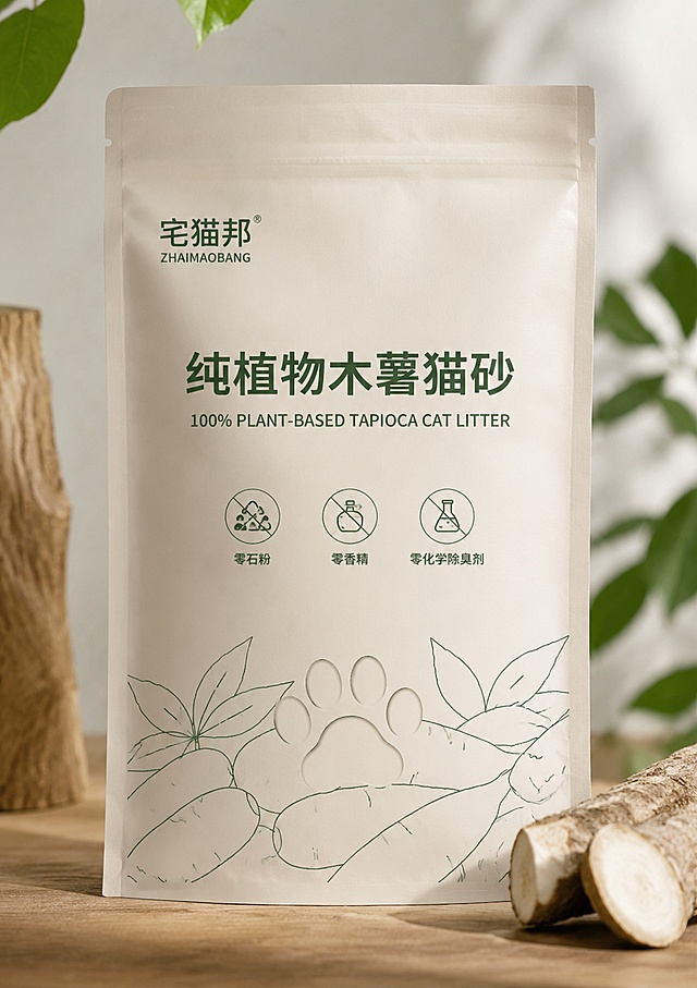 高端宠物食品包装袋设计，立袋正面展示，极简大牌风格。雾感米白色袋身，深森绿色品牌文字和图形。左上角是品牌Logo区域写着"宅猫邦 ZHAIMAOBANG"。中间大标题"纯植物木薯猫砂"，英文小字"100% PLANT-BASED TAPIOCA CAT LITTER"。下方三个圆形图标分别标注"零石粉""零香精""零化学除臭剂"。底部有极简木薯根茎线条环绕猫爪印的抽象图形。整体干净留白，高级质感，柔和自然光，产品摄影级别，4K超清