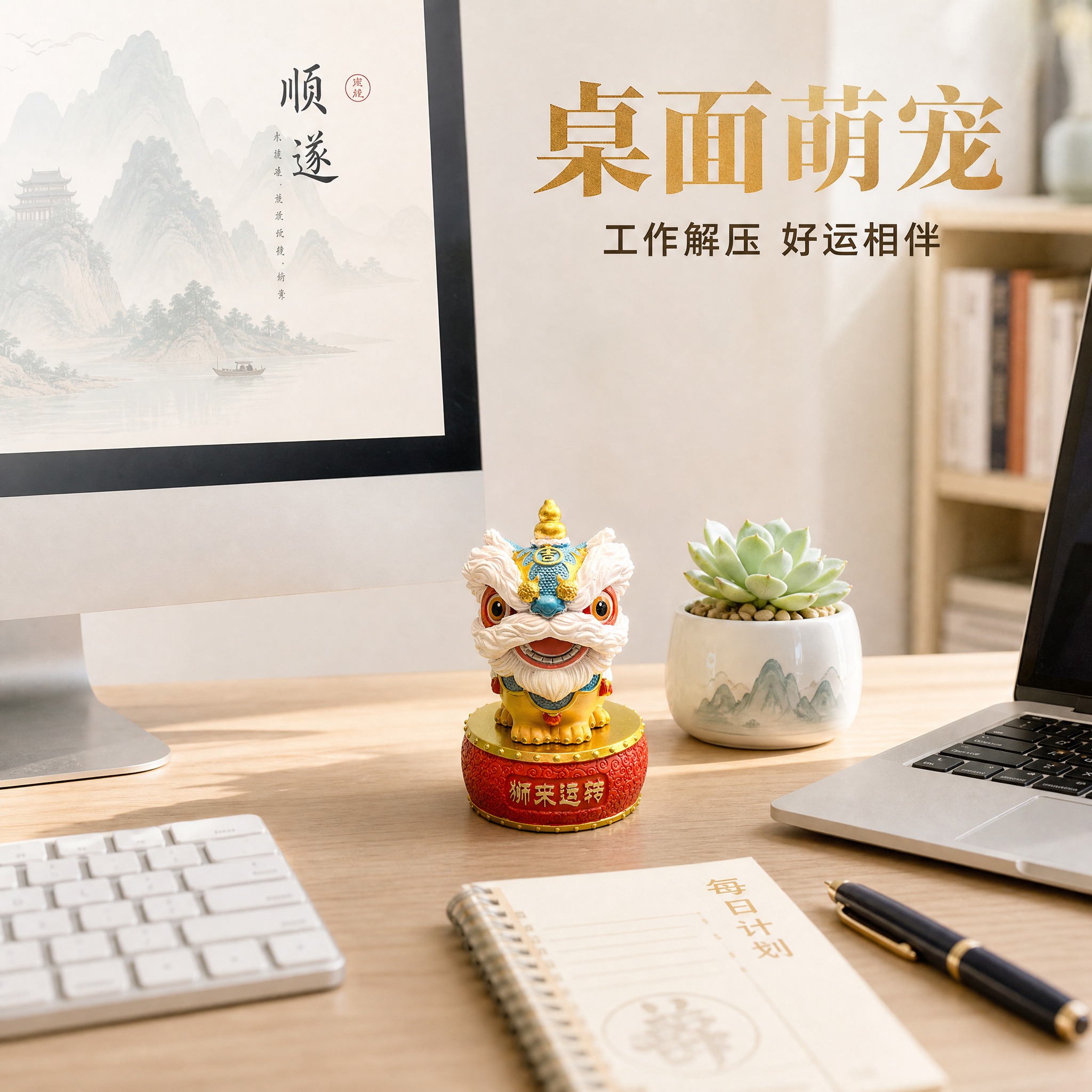 [主图-5] 书桌办公场景：醒狮摆件放在书桌上。产品总高约11… - 图片创意预览