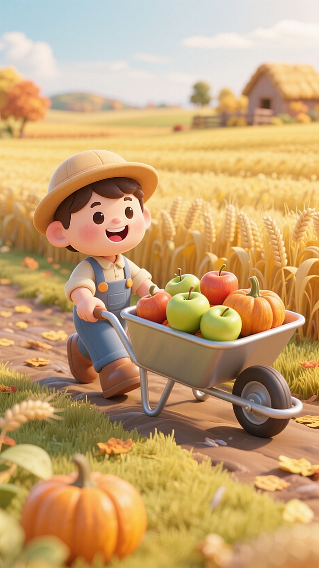 秋日的农场中，头身比1:1的可爱小农夫推着一辆独轮车，车上装满了刚摘的苹果和南瓜，他眼睛闪亮，开心地笑着，丰收的喜悦氛围浓郁，田野上全是金黄的麦浪。