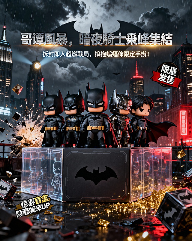 核心主题：蝙蝠侠盲盒宣传海报
主标题：哥谭風暴，暗夜騎士巔峰集結
副标题：拆封即入超燃戰局，擁抱蝙蝠俠限定手辦！
画面元素要求
 
1. 视觉核心：居中放置3-4款不同造型的蝙蝠侠盲盒手办（包含经典战衣款、暗夜潜行款、装甲款、披风飘逸款），手办下方叠加半透明的盲盒包装盒轮廓，盒面印有蝙蝠侠标志性蝙蝠LOGO，突出盲盒属性。
2. 背景氛围：以哥谭市雨夜天际线为基底，高楼霓虹闪烁，蝙蝠信号灯划破暗沉夜空，云层中隐约透出蝙蝠剪影，整体色调以暗黑系为主，点缀金色、红色高光，营造神秘超燃的战斗氛围。
3. 盲盒专属元素：画面角落添加「惊喜盲盒」「隐藏款概率UP」「限量发售」等醒目标签，搭配炸开的盲盒包装碎片、金色闪光特效，强化拆盒的惊喜感。
4. 文字排版：主标题采用硬朗的金属质感字体，副标题用更轻盈的科技风字体，两者都添加轻微的发光效果，确保在深色背景上清晰醒目。
尺寸要求
分别输出三个尺寸的高清海报：12001200px、1200862px、960*1200px
风格调性：暗黑酷炫、热血燃系，兼具盲盒的趣味感与蝙蝠侠的英雄气场