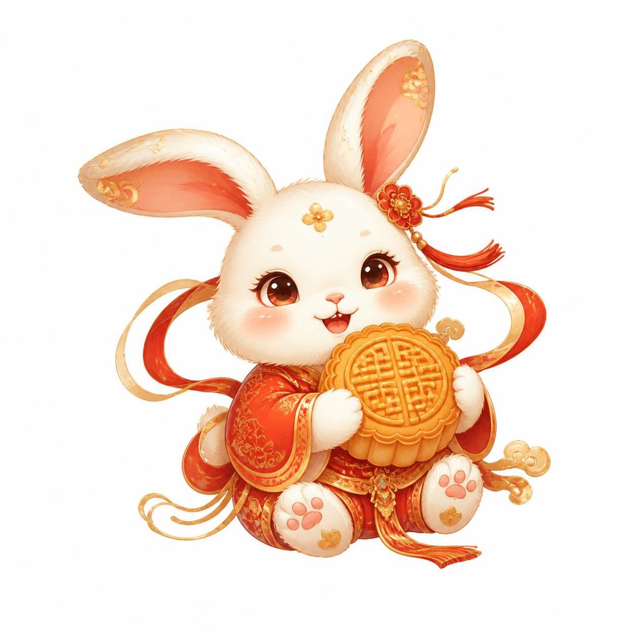 单个中秋元素插画，精致的玉兔形象，可爱灵动的玉兔抱着月饼，国潮… - 图片创意预览