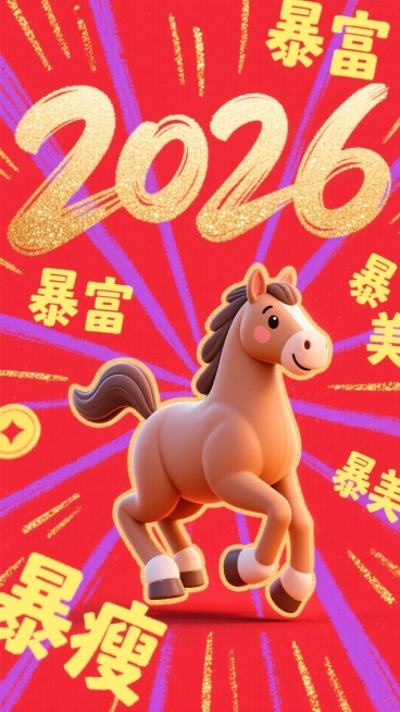 喜庆繁荣的新年海报，动态构图。画面中央是巨大的“2026”鎏金字体，字样呈现流动的沙粒质感，带有顺滑的边尾。前景是一匹可爱的3D卡通棕色马儿在策马奔腾。背景是鲜艳的放射状红色，带有淡淡的紫色调和闪耀的预览效果