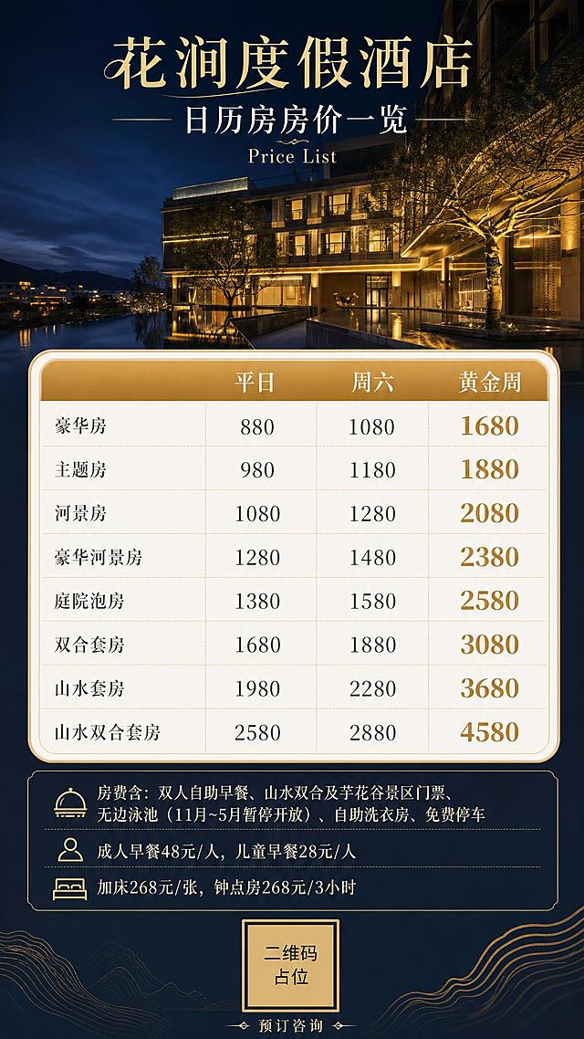 高端度假酒店房价表海报，竖版9:16。画面顶部为酒店夜景氛围图（参考图1酒店建筑外观夜景，暖黄色灯光映照水面，深蓝暮色天空，静谧雅致），顶部叠加半透明深色蒙层增强文字可读性。顶部主标题区：大字"花涧度假酒店"，副标题"日历房房价一览"，英文小字"Price List"，字体为优雅细衬线体，金色与白色搭配，居中排列。中部为核心价格表区域，采用精致圆角卡片式表格布局，表头三列："平日""周六""黄金周"，表头用深金色底白字；左侧第一列为房型名称，共8行："豪华房""主题房""河景房""豪华河景房""庭院泡房""双合套房""山水套房""山水双合套房"，房型名左对齐深灰色；价格数字右对齐，黄金周价格用金色加粗突出。表格行用浅金色细分割线分隔，整体干净整洁。表格下方为备注说明区，小字列出："房费含：双人自助早餐、山水双合及芋花谷景区门票、无边泳池（11月~5月暂停开放）、自助洗衣房、免费停车""成人早餐48元/人，儿童早餐28元/人""加床268元/张，钟点房268元/3小时"。底部居中为二维码占位符（纯色方块，中央标注"二维码占位"文字），下方小字"预订咨询"。整体配色：深蓝夜色背景+暖金色点缀+米白色卡片，轻奢雅致度假风，版式精美，信息层级分明，所有数字精确渲染。画面中所有信息区域、价格表格、备注说明区必须填充完整合理的内容，不得出现空白框、空白占位、空列表项、空单元格。画面中所有数字必须精确渲染，不得错位、遗漏或编造。