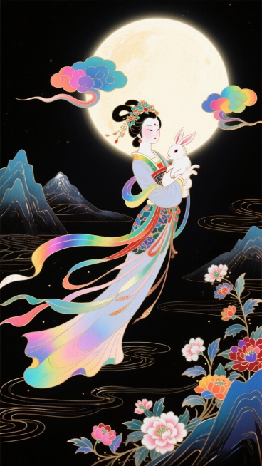 工笔风格，嫦娥抱玉兔奔向一轮圆月，在月光下
衣摆飘逸。周围环绕着祥云和盛开的花朵，背景山脉，黑色底色，非常规的动态构图预览效果